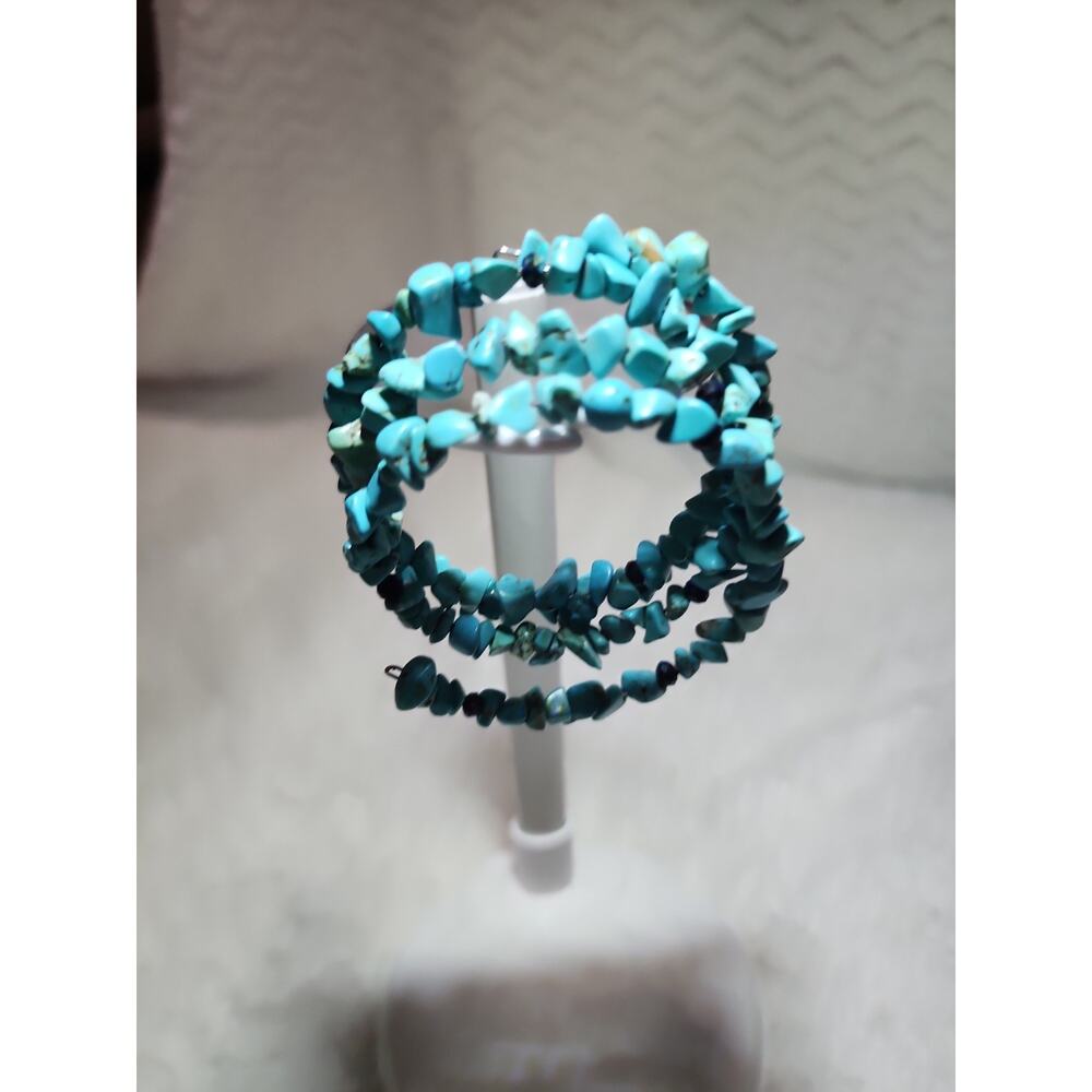 Handmade Boho Turquoise-Style Chip Memory Wire Wrap Bracelet – Multi-Row Stack - Picture 7 of 9